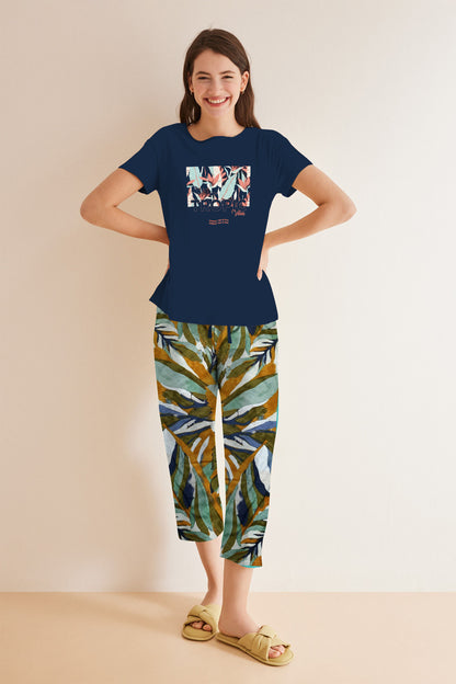 Navy Tropic Floral Printed Capri Set