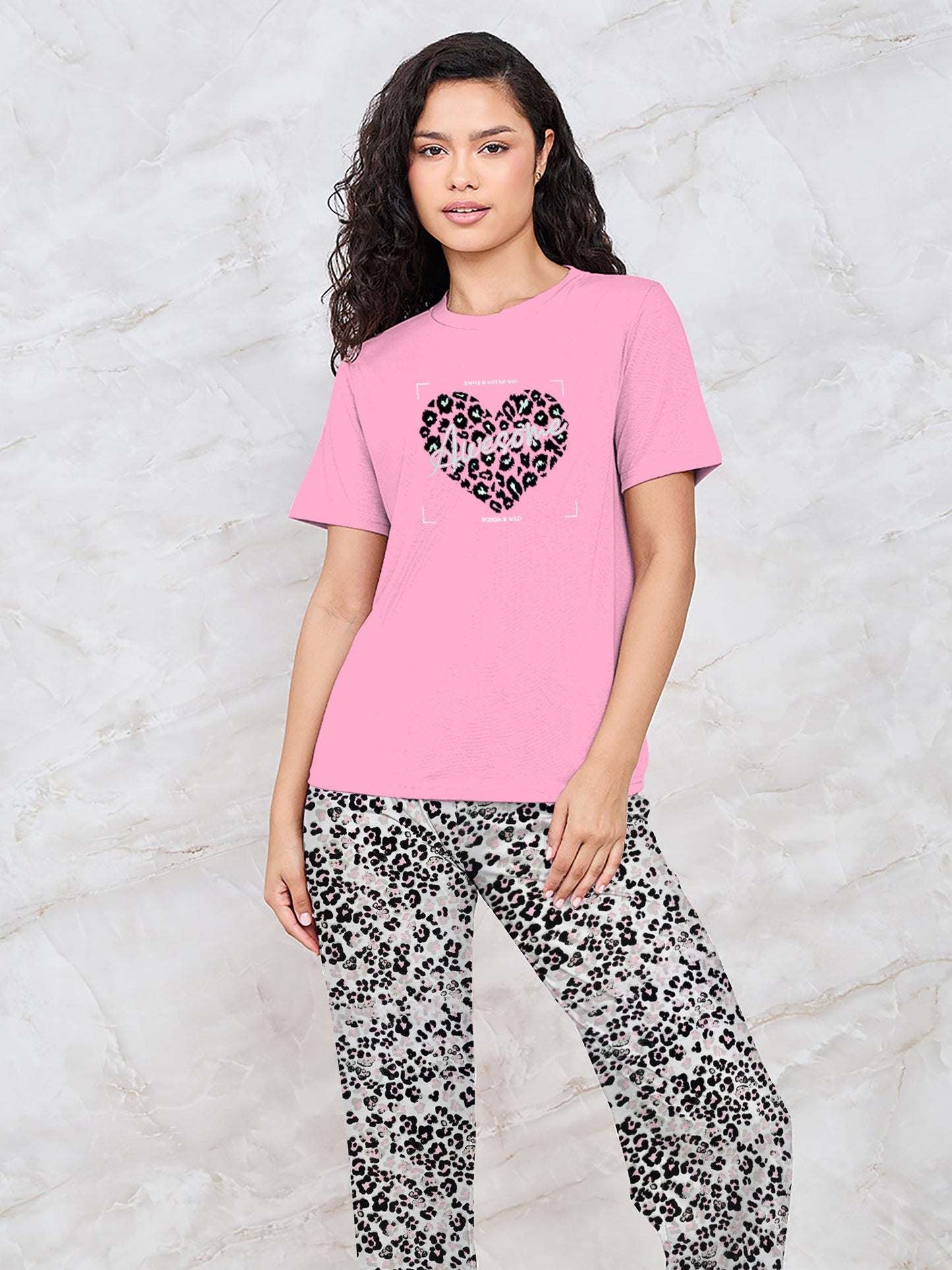 Pink Heart Animal Print Pyjama Set