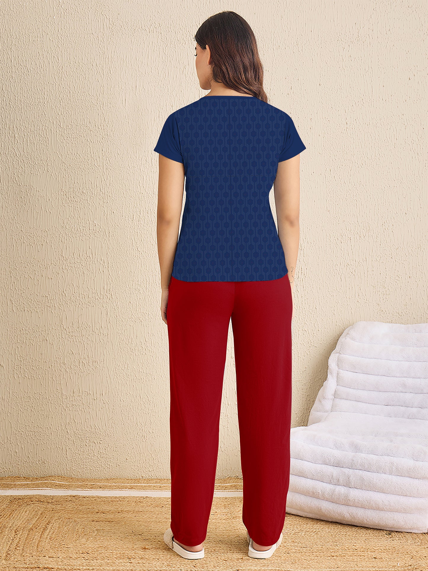 Blue Printed & Red Solid Pajama Set