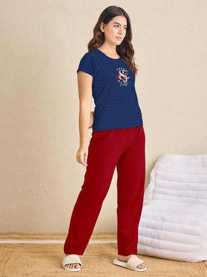 Blue Printed & Red Solid Pajama Set