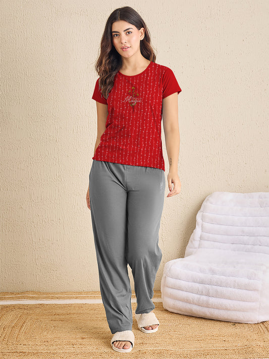 Red Printed Magic Grey Solid Pajama Set