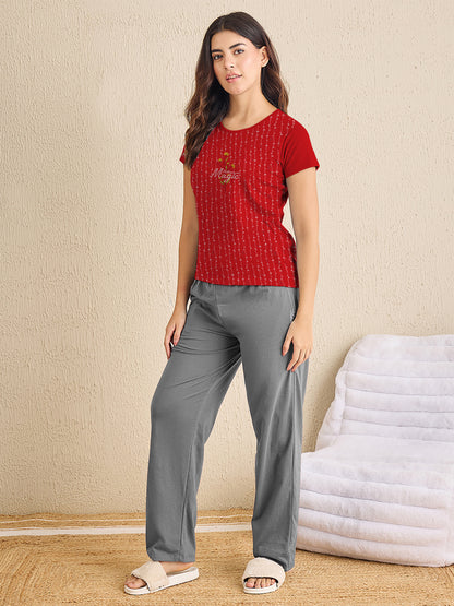 Red Printed Magic Grey Solid Pajama Set