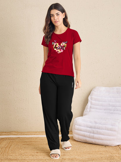 Maroon Heart Floral Pyjama Set