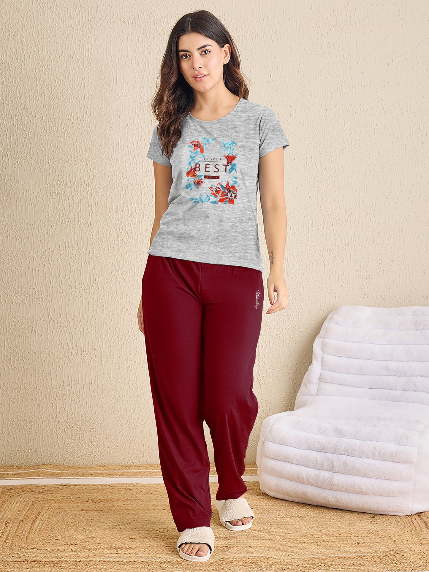 Grey Melange Maroon Pyjama Set