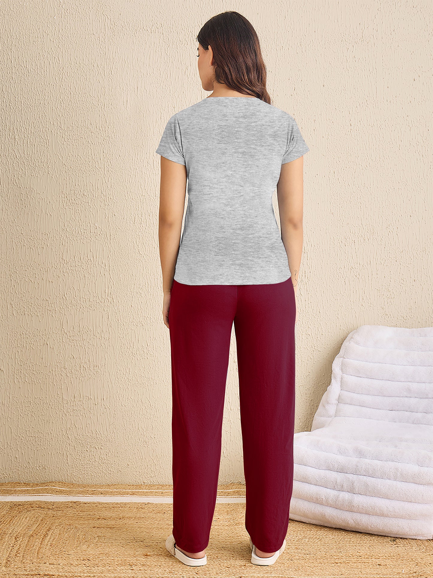 Grey Melange Maroon Pyjama Set