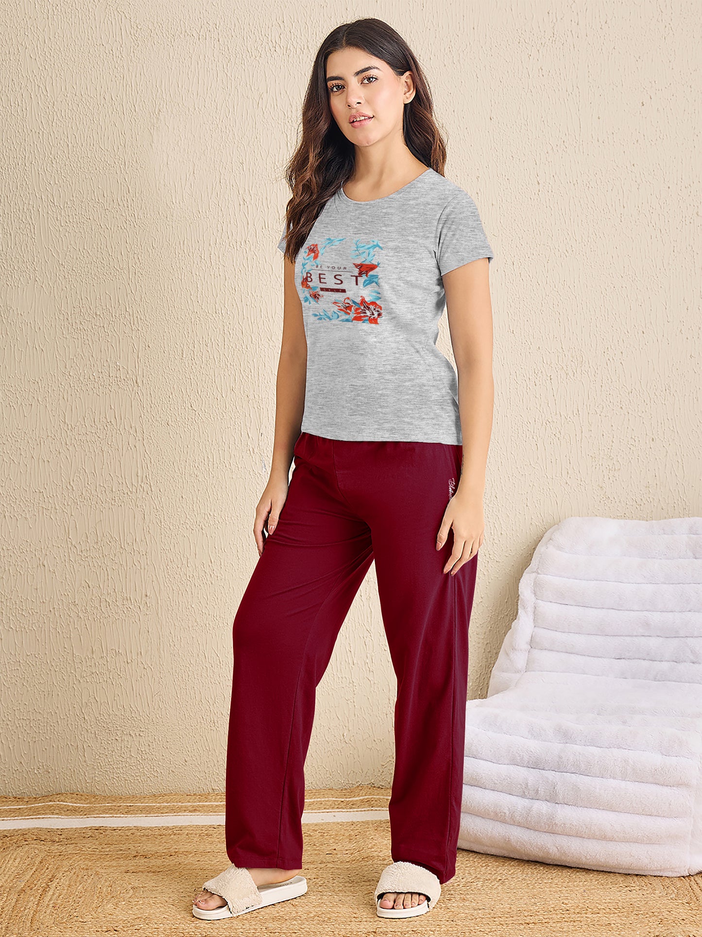 Grey Melange Maroon Pyjama Set