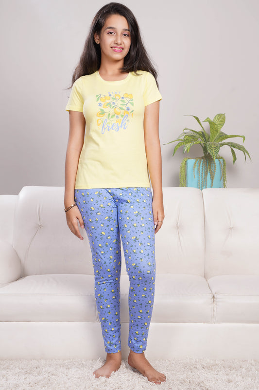Yellow & Blue Floral Aop Night suit