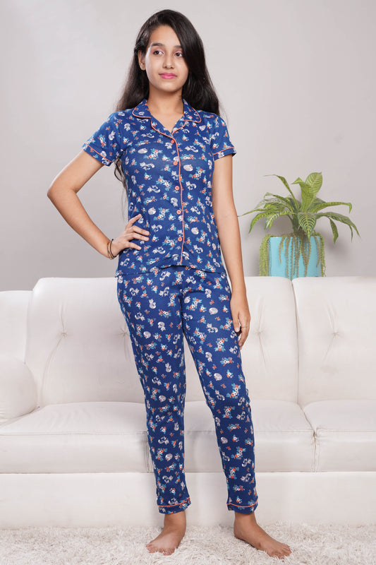 Royalblue Floral Printed Pure Cotton Night Suit